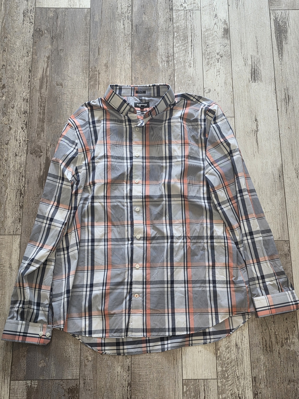 XXL Men's Express Casual Dress Shirt Gray Orange Plaid Xtra Slim Stretch 18/18.5